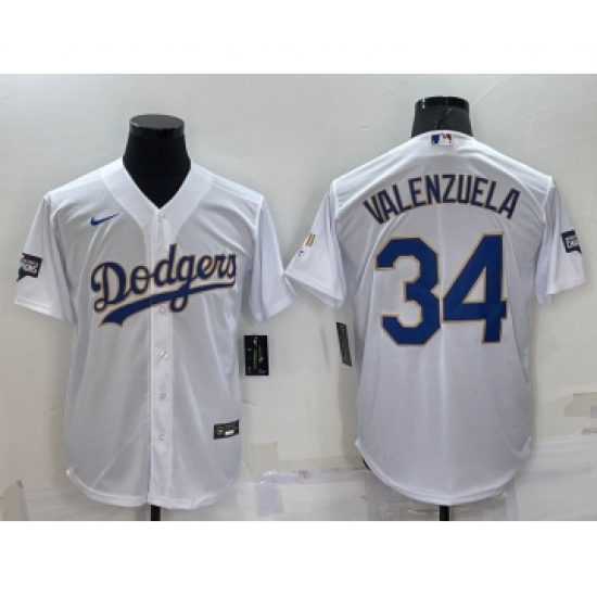 Men's Los Angeles Dodgers #34 Fernando Valenzuela White Gold Championship Stitched MLB Cool Base Nike Jersey - Ujersey