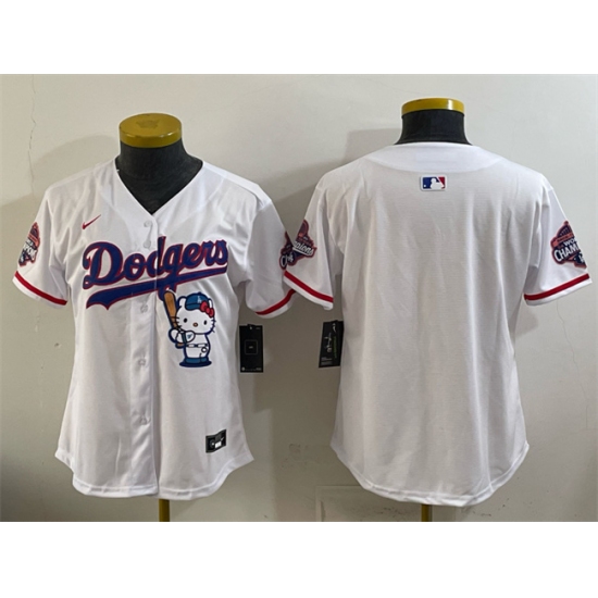 Women's Los Angeles Dodgers Blank White Hello Kitty Night 2025 World Series Champions Stitched Baseball Jersey(Run Small) - Ujersey