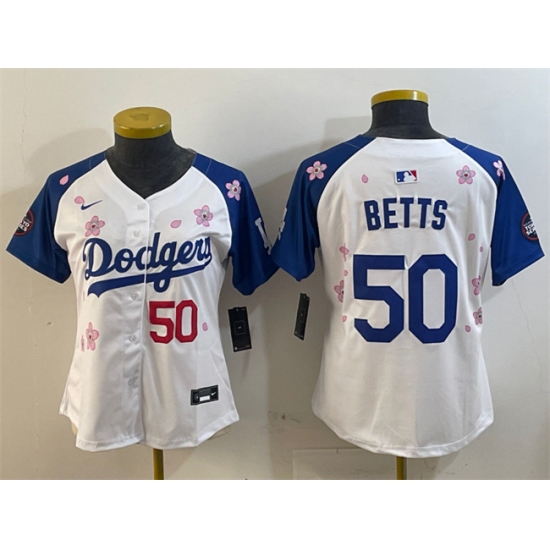 Women's Los Angeles Dodgers #50 Mookie Betts White Royal 2025 Tokyo Series Limited Stitched Baseball Jersey(Run Small) - Ujersey