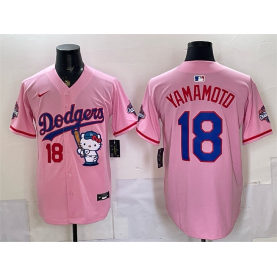 Men's Los Angeles Dodgers #18 Yoshinobu Yamamoto Pink Hello Kitty Night 2025 World Series Champions Stitched Baseball Jersey - Ujersey