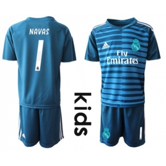 Real Madrid #1 Navas Blue Goalkeeper Kid Soccer Club Jersey