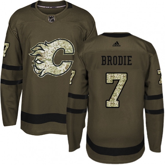 Men's Adidas Calgary Flames #7 TJ Brodie Premier Green Salute to Service NHL Jersey - Ujersey