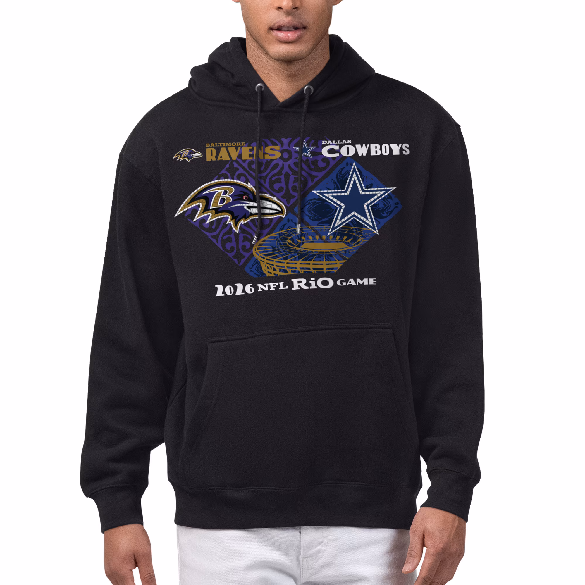 Men's Baltimore Ravens vs. Dallas Cowboys Starter Black Rio 2026 Matchup Graphic Fleece Hoodie
