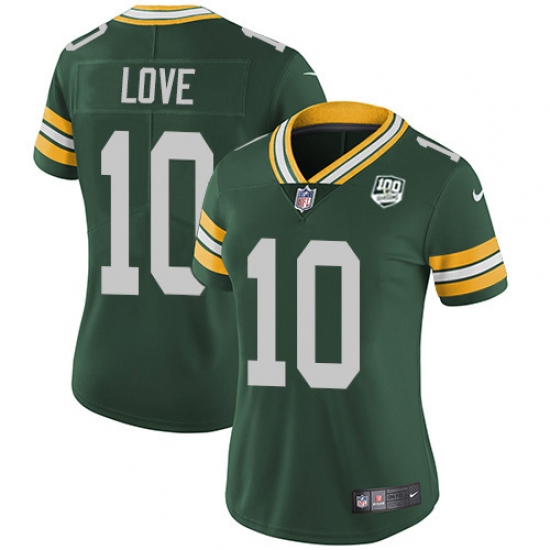 Women's Green Bay Packers #10 Jordan Love Green Team Color 100th Season Stitched NFL Vapor Untouchable Limited Jersey - Ujersey