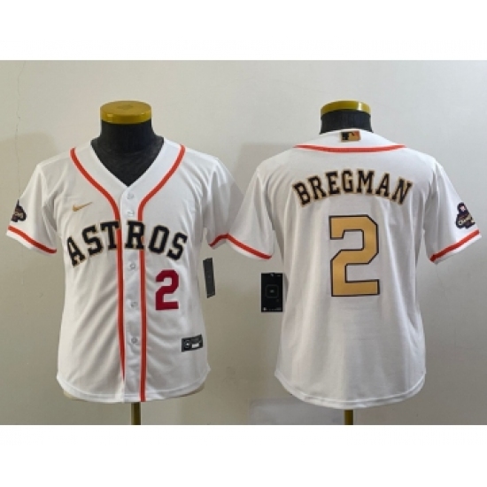 Youth Houston Astros #2 Alex Bregman Number 2023 White Gold World Serise Champions Cool Base Stitched Jersey - Ujersey