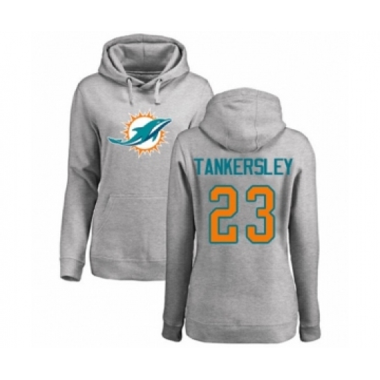 Football Women's Miami Dolphins #23 Cordrea Tankersley Ash Name & Number Logo Pullover Hoodie - Ujersey