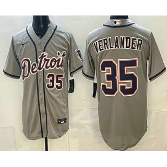 Men's Detroit Tigers #35 Justin Verlander Grey Number Cool Base Jersey - Ujersey