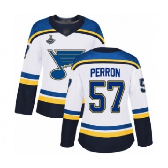 Women's St. Louis Blues #57 David Perron Authentic White Away 2019 Stanley Cup Champions Hockey Jersey - Ujersey
