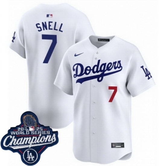 Men's Los Angeles Dodgers 7 Blake Snell Cool Base 2025 World Champions Stitched Baseball Jersey White - Ujersey