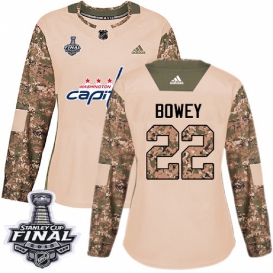 Women's Adidas Washington Capitals #22 Madison Bowey Authentic Camo Veterans Day Practice 2018 Stanley Cup Final NHL Jersey - Ujersey