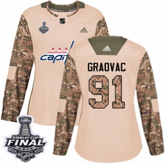 Women's Adidas Washington Capitals #91 Tyler Graovac Authentic Camo Veterans Day Practice 2018 Stanley Cup Final NHL Jersey