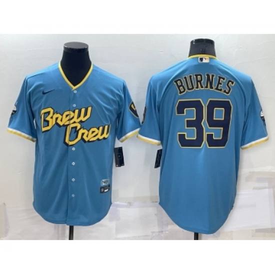 Men's Milwaukee Brewers #39 Corbin Burnes Blue 2022 City Connect Cool Base Stitched Jersey - Ujersey