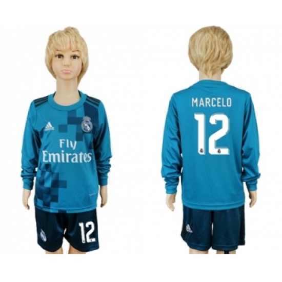 Real Madrid #12 Marcelo Sec Away Long Sleeves Kid Soccer Club Jersey