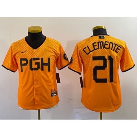 Youth Nike Pittsburgh Pirates #21 Roberto Clemente Yellow 2023 City Connect Stitched Jersey - Ujersey