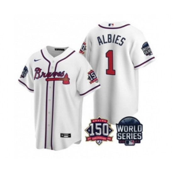 Men's Atlanta Braves #1 Ozzie Albies 2021 White World Series With 150th Anniversary Patch Cool Base Baseball Jersey - Ujersey