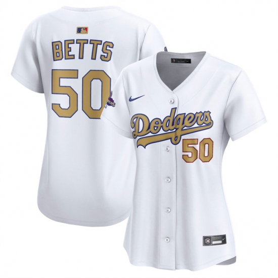 Women's Los Angeles Dodgers #50 Mookie Betts White 2025 Gold Collection Limited Stitched Baseball Jersey(Run Small) - Ujersey