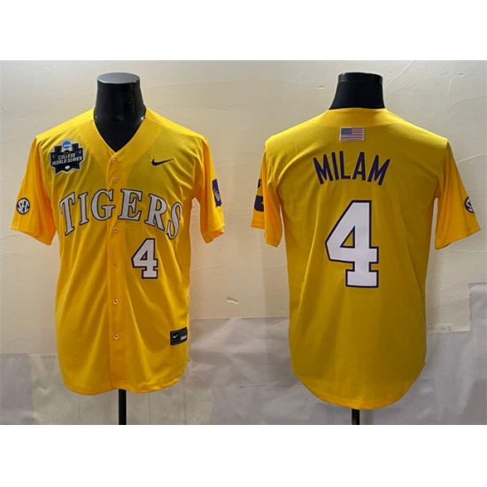 Men's LSU Tigers #4 Steven Milam Gold 2025 World Series & SEC Patch Stitched Baseball Jersey - Ujersey