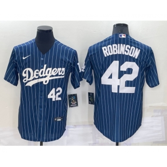 Men's Los Angeles Dodgers #42 Jackie Robinson Number Navy Blue Pinstripe Stitched MLB Cool Base Nike Jersey - Ujersey