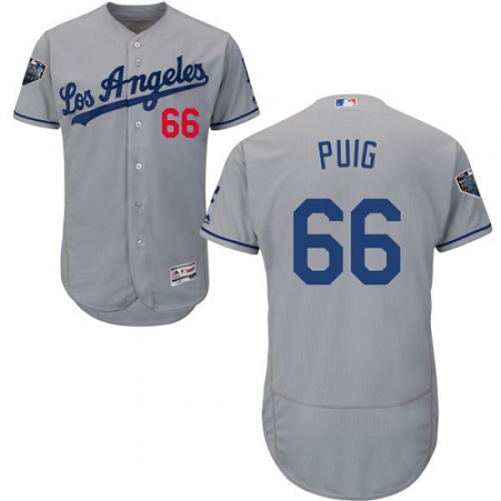 Men's Majestic Los Angeles Dodgers #66 Yasiel Puig Grey Road Flex Base Authentic Collection 2018 World Series MLB Jersey - Ujersey