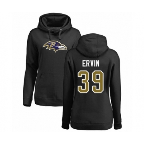 Football Women's Baltimore Ravens #39 Tyler Ervin Black Name & Number Logo Pullover Hoodie - Ujersey