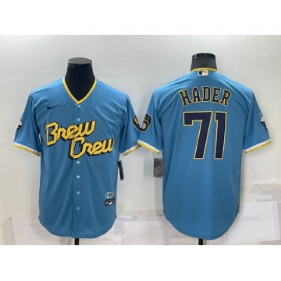 Men's Milwaukee Brewers #71 Josh Hader Blue 2022 City Connect Cool Base Stitched Jersey - Ujersey