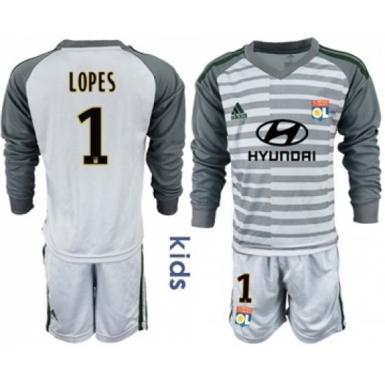 Lyon #1 Lopes Grey Goalkeeper Long Sleeves Kid Soccer Club Jersey