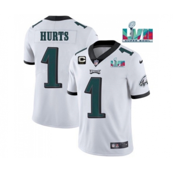 Men's Philadelphia Eagles #1 Jalen Hurts White Super Bowl LVII Patch And 2-star C Patch Vapor Untouchable Limited Stitched Jersey - Ujersey