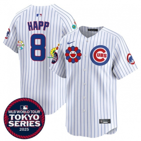 Men's Chicago Cubs #8 Ian Happ White 2025 Tokyo Series Limited Stitched Baseball Jersey - Ujersey