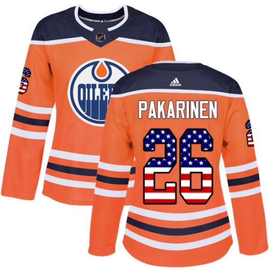 Women's Adidas Edmonton Oilers #26 Iiro Pakarinen Authentic Orange USA Flag Fashion NHL Jersey - Ujersey