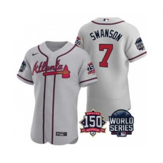 Men's Atlanta Braves #7 Dansby Swanson 2021 Gray World Series Flex Base With 150th Anniversary Patch Baseball Jersey - Ujersey