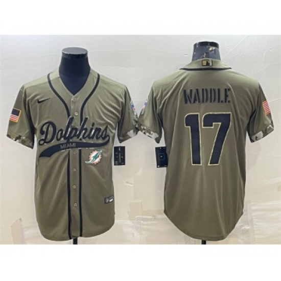 Men's Miami Dolphins #17 Jaylen Waddle Olive 2022 Salute To Service Cool Base Stitched Baseball Jersey - Ujersey