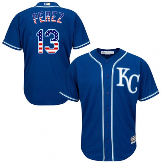 Men's Majestic Kansas City Royals #13 Salvador Perez Authentic Royal Blue USA Flag Fashion MLB Jersey
