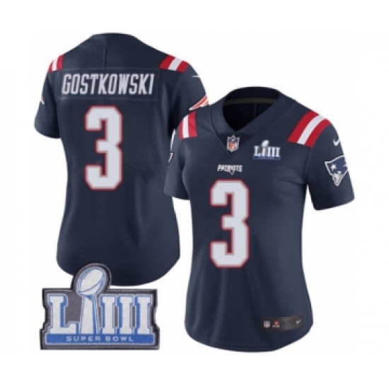 Women's Nike New England Patriots #3 Stephen Gostkowski Limited Navy Blue Rush Vapor Untouchable Super Bowl LIII Bound NFL Jersey - Ujersey