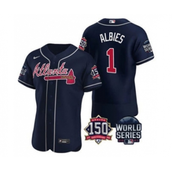 Men's Atlanta Braves #1 Ozzie Albies 2021 Navy World Series Flex Base With 150th Anniversary Patch Baseball Jersey - Ujersey