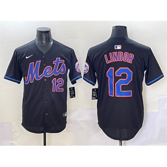 Men's New York Mets #12 Francisco Lindor Black Alternate Limited Stitched Baseball Jersey - Ujersey