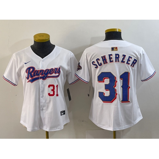 Women's Texas Rangers #31 Max Scherzer Number White 2024 Gold Collection Limited Cool Base Jersey - Ujersey