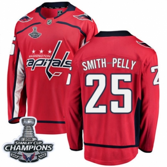 Men's Washington Capitals #25 Devante Smith-Pelly Fanatics Branded Red Home Breakaway 2018 Stanley Cup Final Champions NHL Jersey - Ujersey