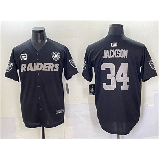 Men's Las Vegas Raiders #34 Bo Jackson Black With Nevada Silver Stat And 65th Anniversary 3-Star C Stitched Baseball Jersey - Ujersey