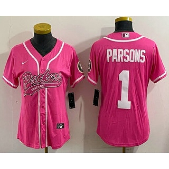 Women's Green Bay Packers #1 Micah Parsons Pink With Cool Base Stitched Baseball Jersey - Ujersey