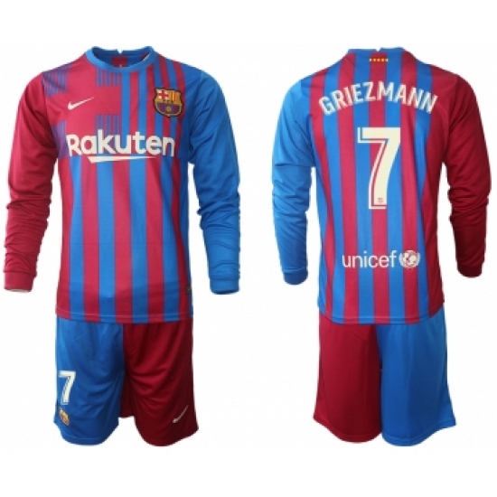 Men 2021-2022 Club Barcelona home red blue Long Sleeve 7 Nike Soccer Jersey