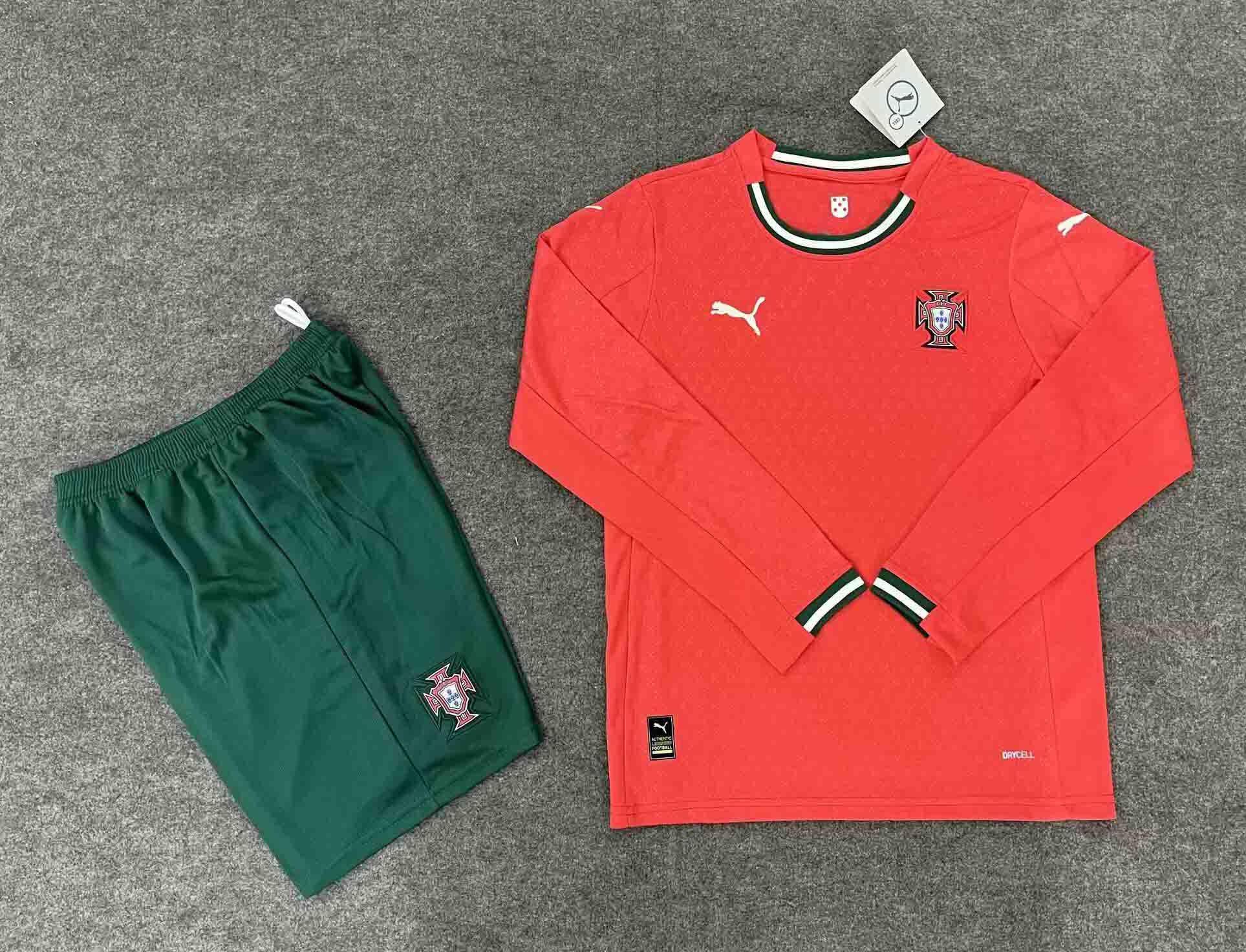 Portugal Home Football Uniform Kids Kit Jersey+Shorts Long Sleeve 2025 - Ujersey NHL