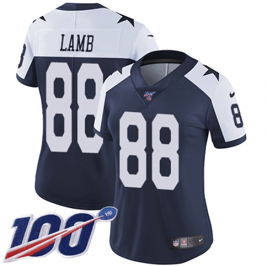 Women's Dallas Cowboys #88 CeeDee Lamb Navy Blue Thanksgiving Stitched 100th Season Vapor Throwback Limited Jersey - Ujersey