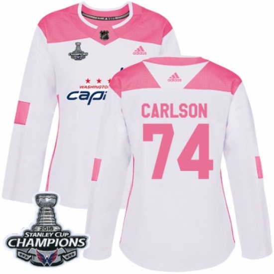Women's Adidas Washington Capitals #74 John Carlson Authentic White Pink Fashion 2018 Stanley Cup Final Champions NHL Jersey - Ujersey