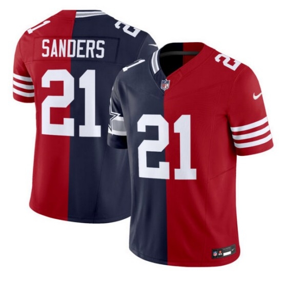 Men's Dallas Cowboys X 49ers #21 Deion Sanders Navy Red Split F.U.S.E. Vapor Limited Stitched Jersey - Ujersey