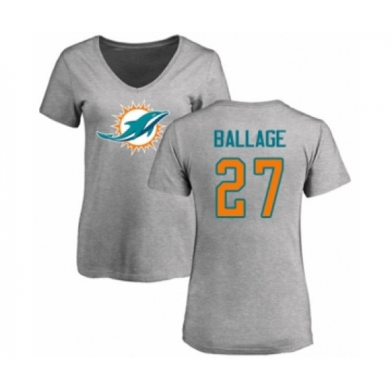 Football Women's Miami Dolphins #27 Kalen Ballage Ash Name & Number Logo T-Shirt - Ujersey