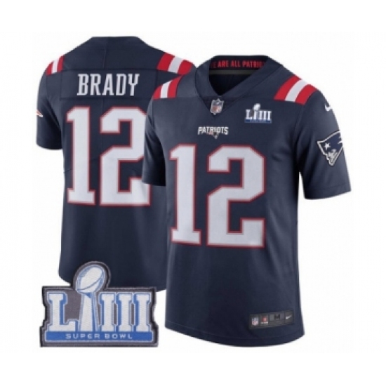 Youth Nike New England Patriots #12 Tom Brady Limited Navy Blue Rush Vapor Untouchable Super Bowl LIII Bound NFL Jersey - Ujersey