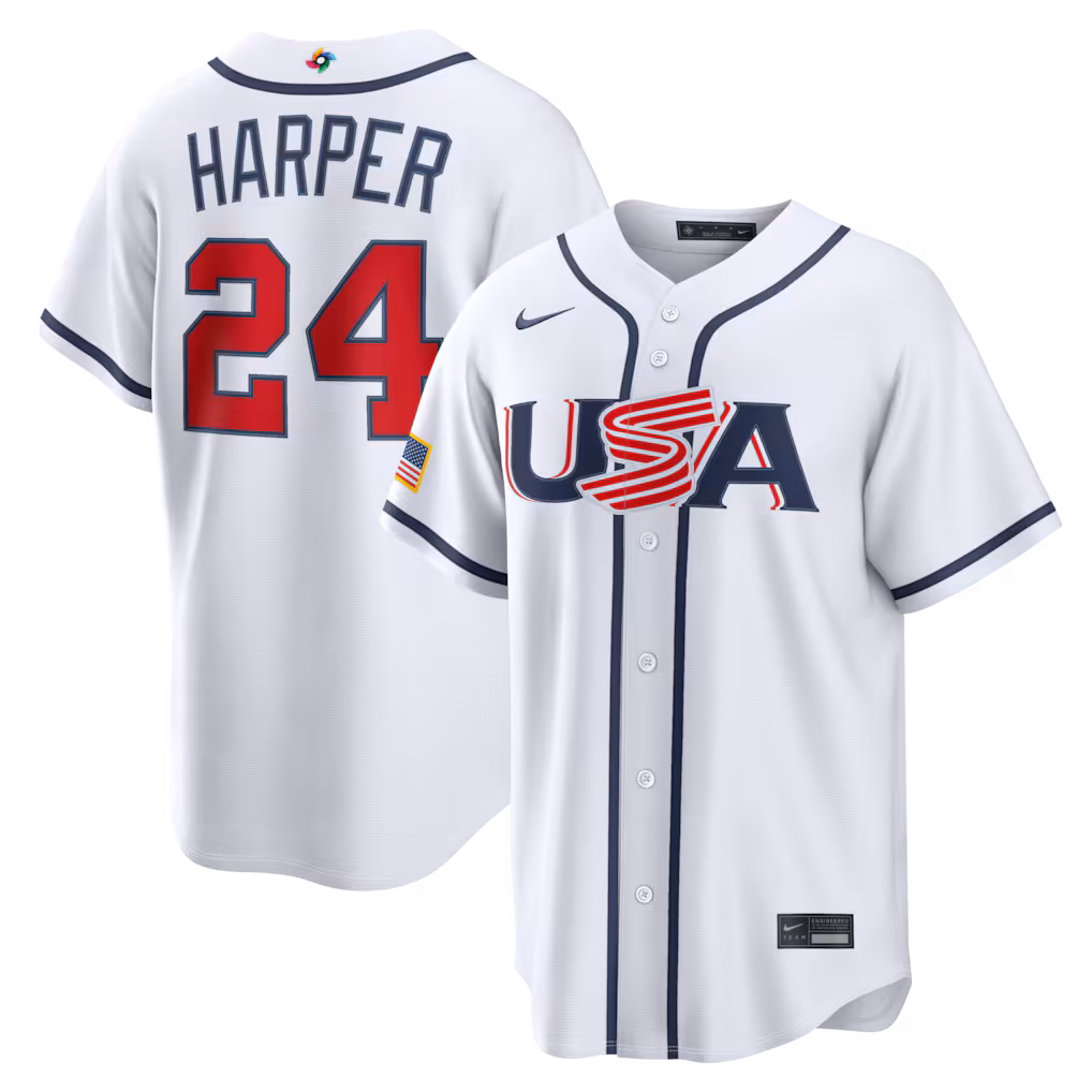 Men's USA Baseball Bryce Harper Nike White 2026 World Baseball Classic Home Stadium Jersey