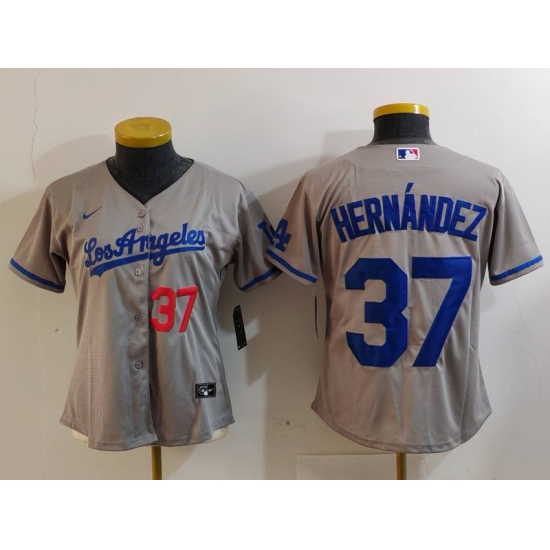 Women's Los Angeles Dodgers #37 Teoscar Hernandez Number Grey With Los Cool Base Stitched Jersey - Ujersey