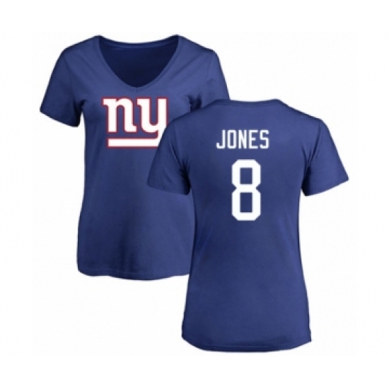 Football Women's New York Giants #8 Daniel Jones Royal Blue Name & Number Logo T-Shirt - Ujersey