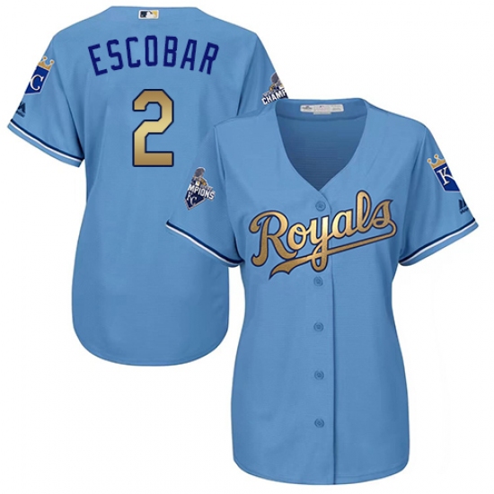 Women's Majestic Kansas City Royals #2 Alcides Escobar Authentic Light Blue 2015 World Series Champions Gold Program Cool Base MLB Jersey - Ujersey